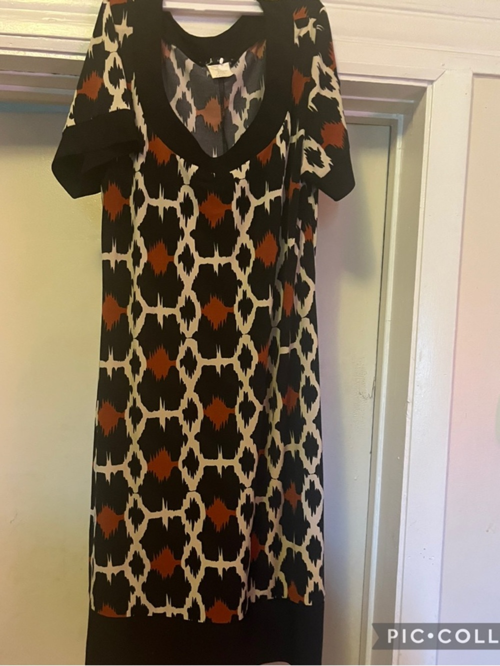 Women’s Black Cream and Rust Patterned V-Neck Dress